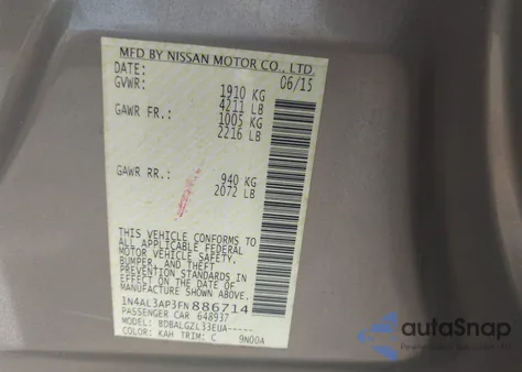 2015 Nissan Altima 2.5/2.5 S/2.5 Sl/2.5 Sv from USA, damaged, VIN 1N4AL3AP3FN886714